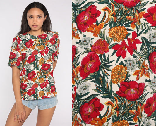 90s Floral Print Rayon Shirt Short Sleeve Blouse Small S