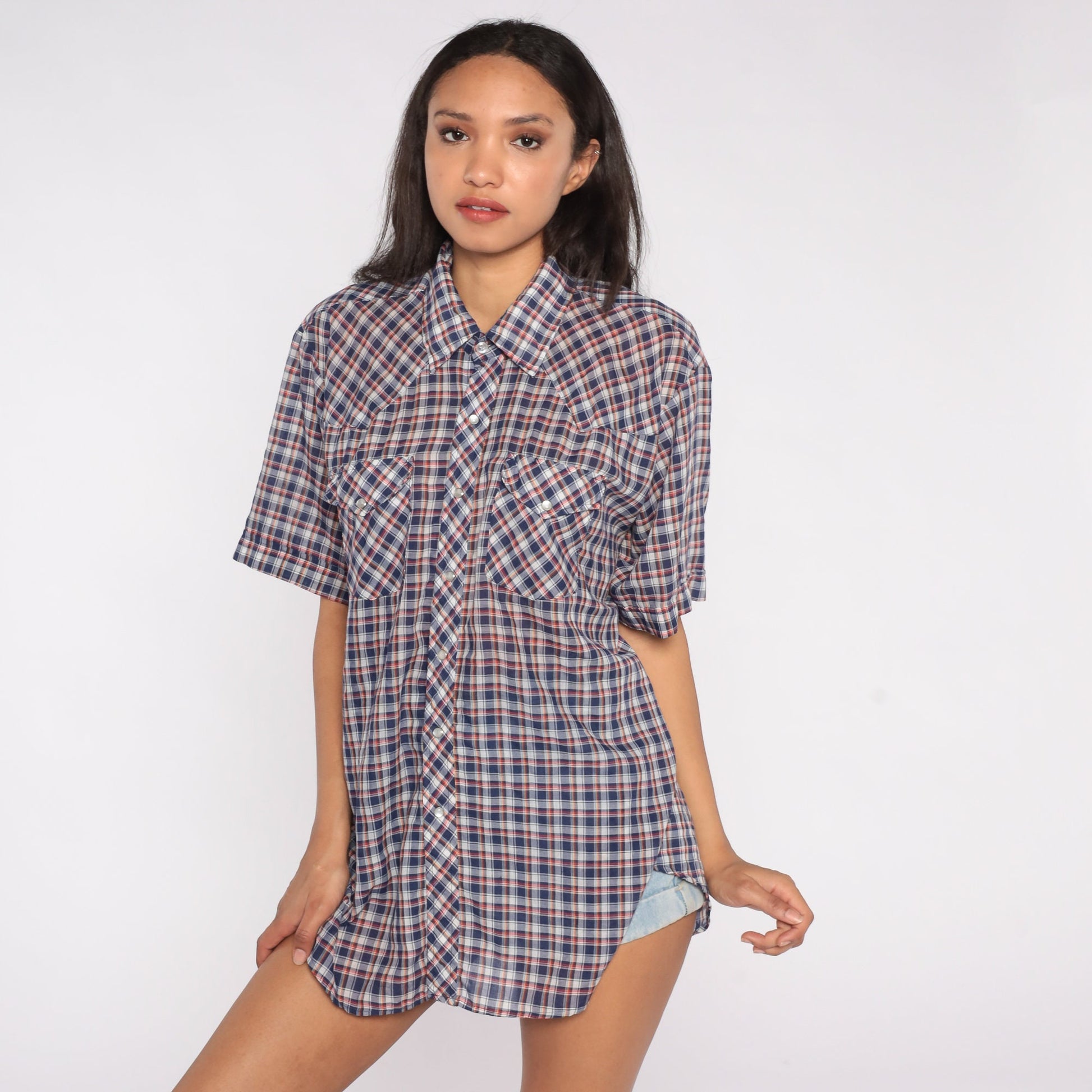 80s Western Pearl Snap Shirt Blue Red Plaid Short Sleeve Extra Large XL