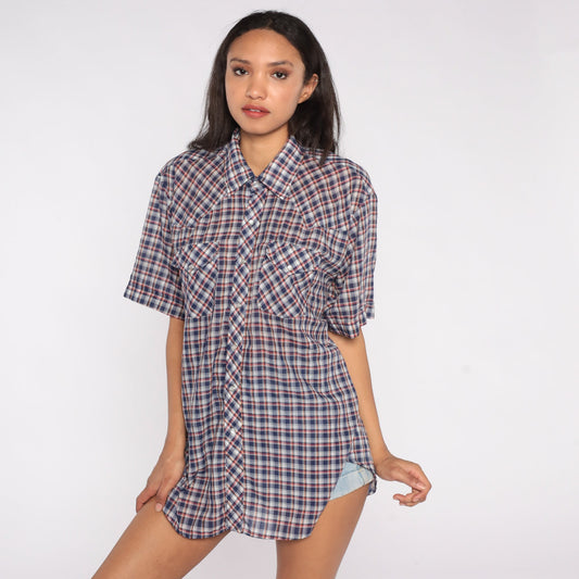 80s Western Pearl Snap Shirt Blue Red Plaid Short Sleeve Extra Large XL