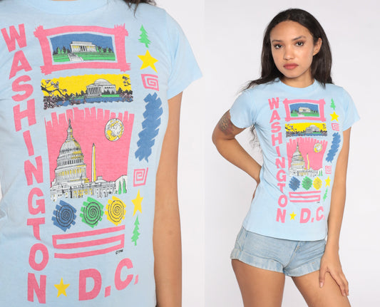 80s Washington DC White House Graphic T-Shirt Baby Blue Single Stitch Small