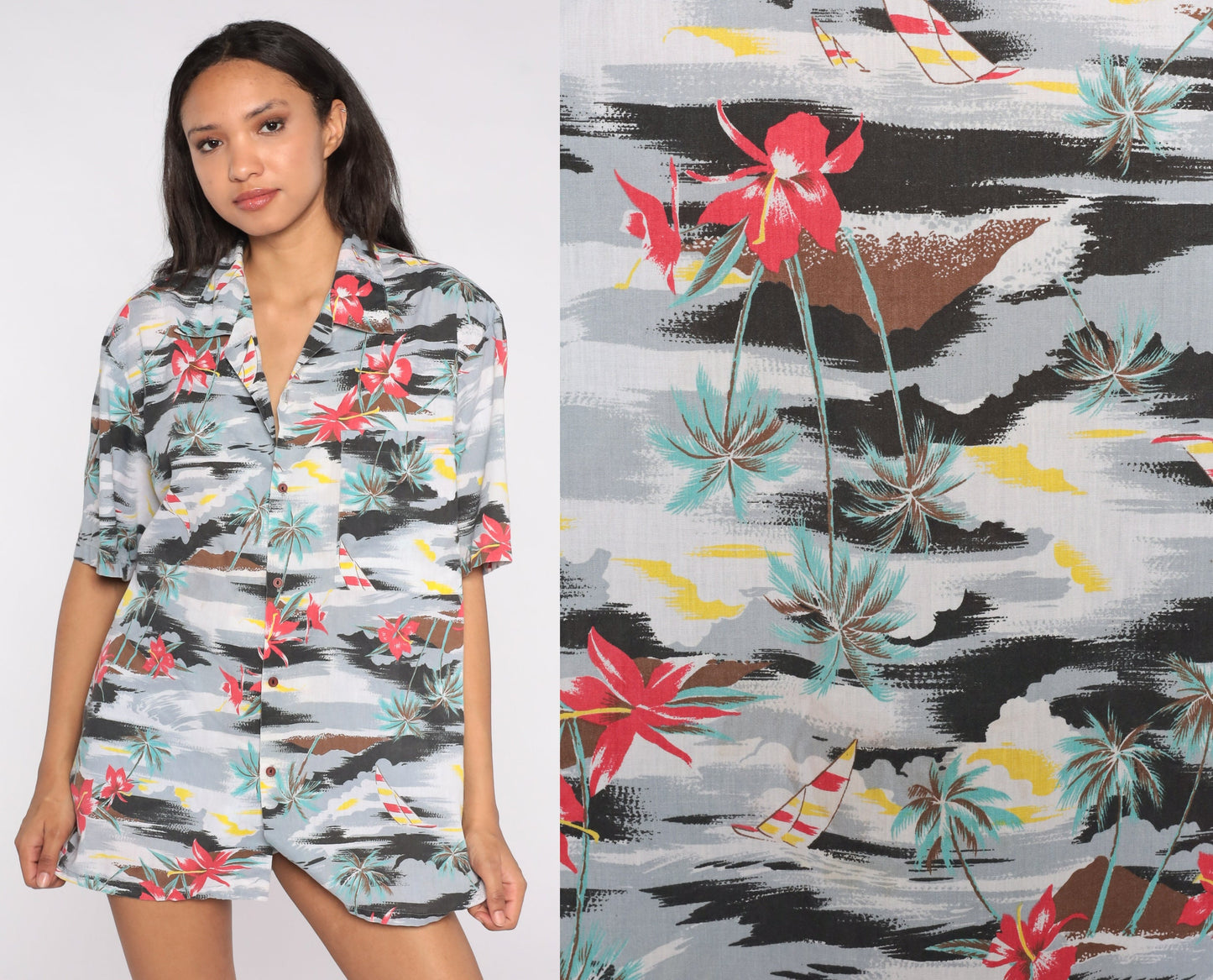 80s Hawaiian Shirt Grey Tropical Palm Tree Sailboat Button Up Men's Large