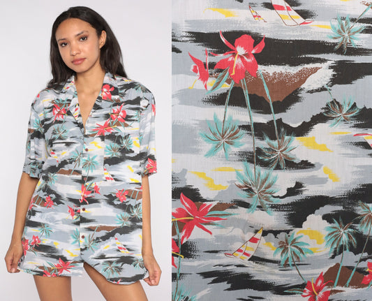 80s Hawaiian Shirt Grey Tropical Palm Tree Sailboat Button Up Men's Large