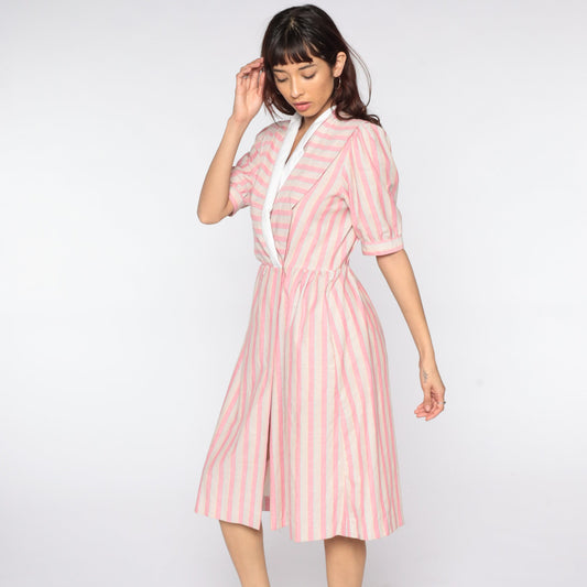 80s Pink Striped Midi Wrap Dress Puff Sleeve V-Neck Medium