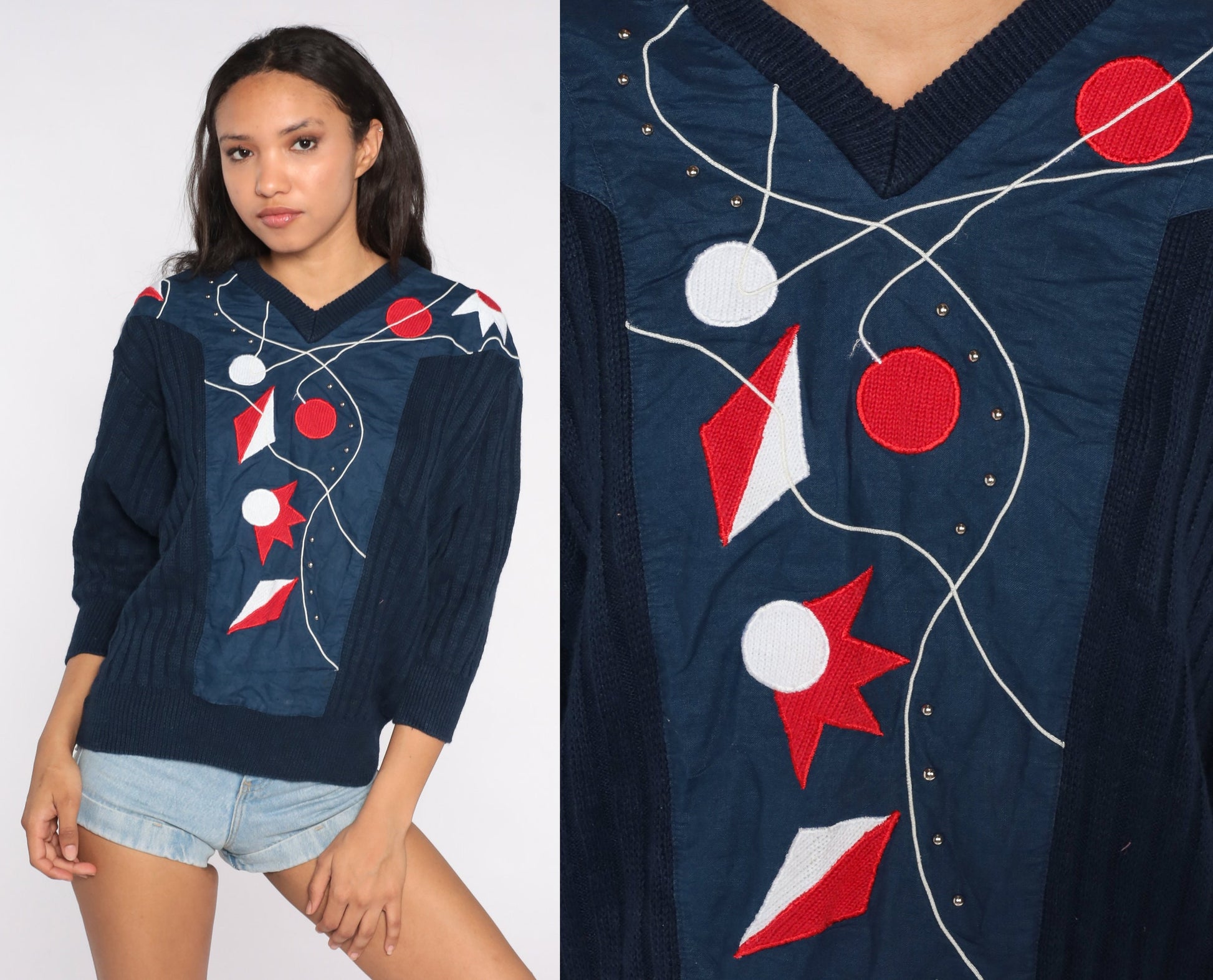 80s Navy Embroidered Abstract Geometric Sweater V-Neck Knit Pullover Medium