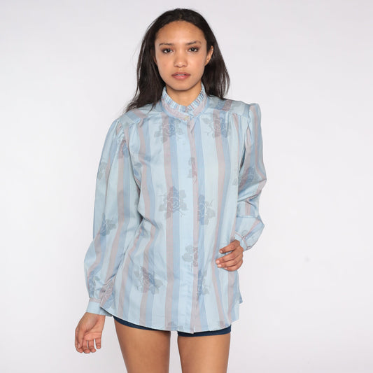 80s Blue Striped Floral Ruffle Neck Blouse Puff Sleeve Button Top Extra Large XL