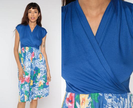80s Floral Midi Wrap Dress Blue Cap Sleeve High Waist Small