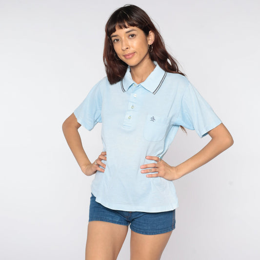 80s Munsingwear Polo Shirt Baby Blue Half-Button Cotton Medium