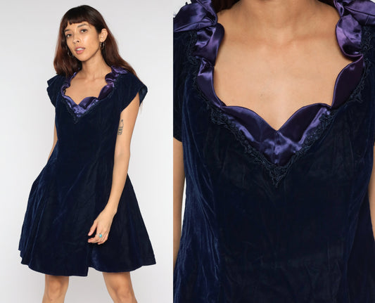 80s Navy Velvet Mini Dress Purple Ruffle Collar Cap Sleeve Medium