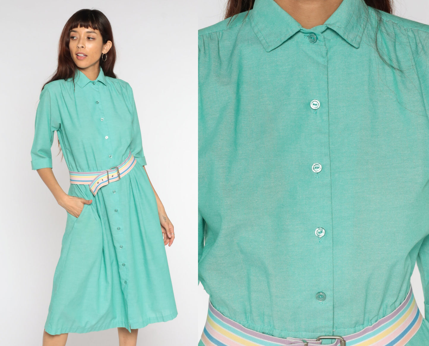 80s Green Shirtwaist Midi Dress High Waist Button Up 3/4 Sleeve Medium Petite