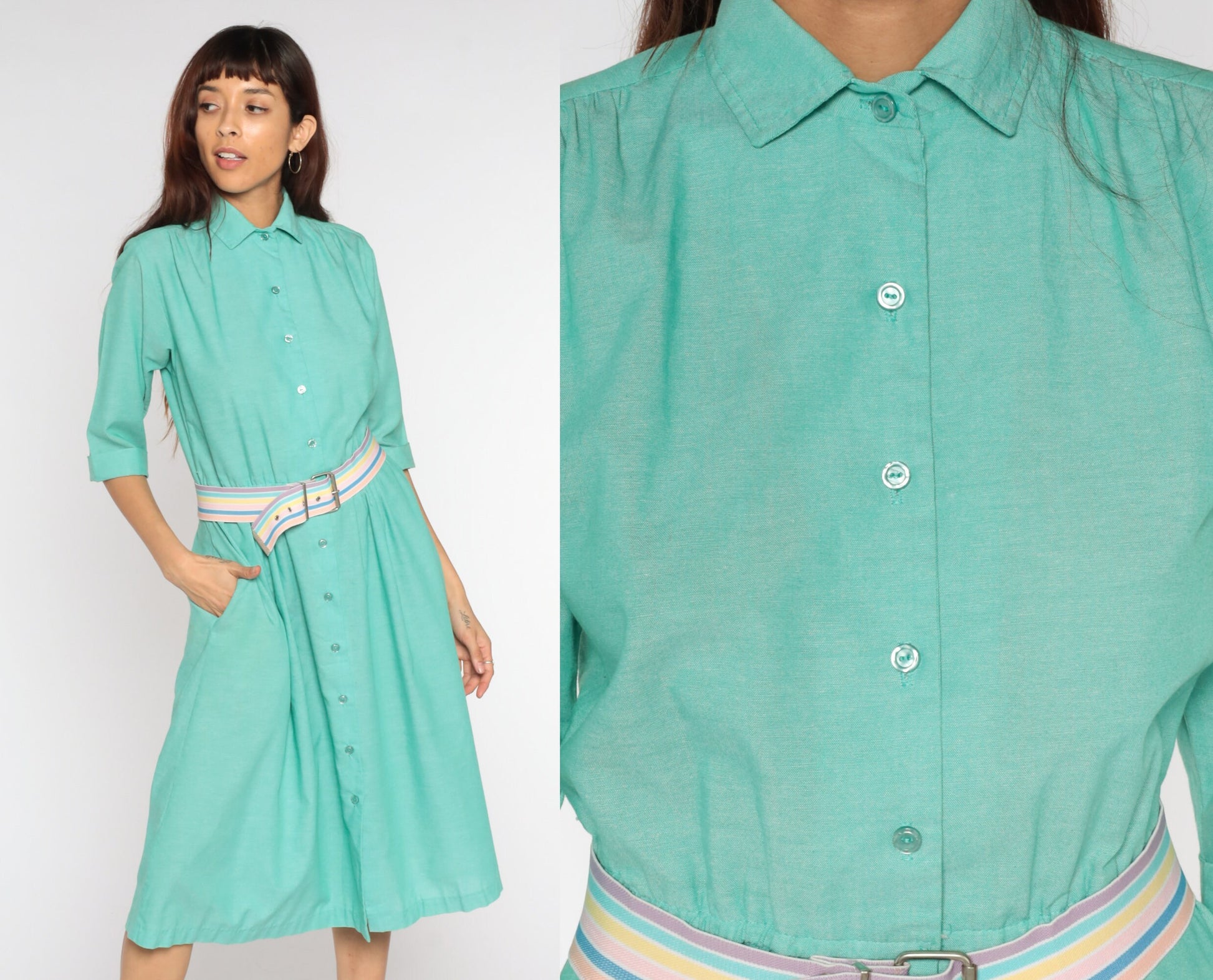 80s Green Shirtwaist Midi Dress High Waist Button Up 3/4 Sleeve Medium Petite