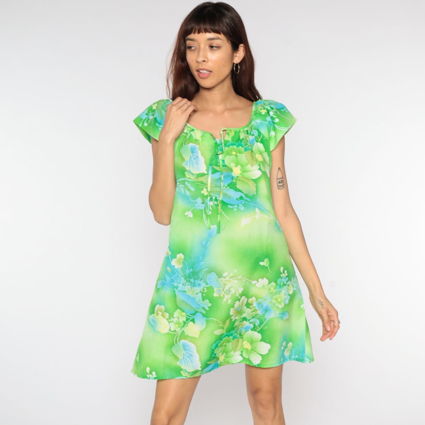 60s Green Floral Shift Dress Mini Neck Tie Flutter Sleeve Medium