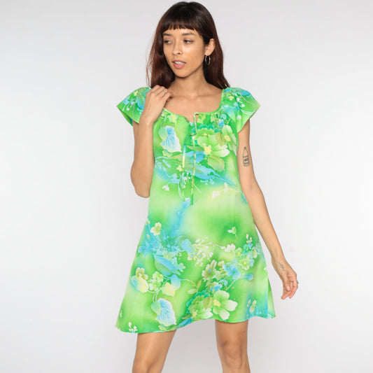 60s Green Floral Shift Dress Mini Neck Tie Flutter Sleeve Medium