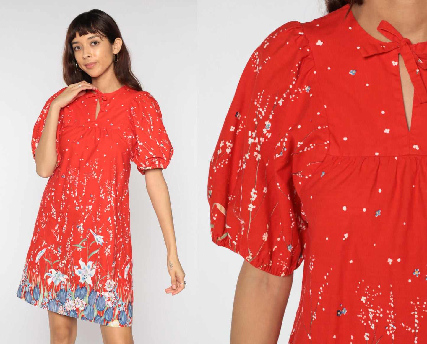 70s Floral Mini Dress Red Puff Sleeve Shift Keyhole Small
