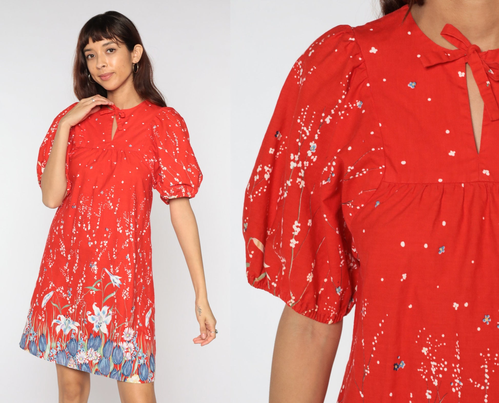 70s Floral Mini Dress Red Puff Sleeve Shift Keyhole Small