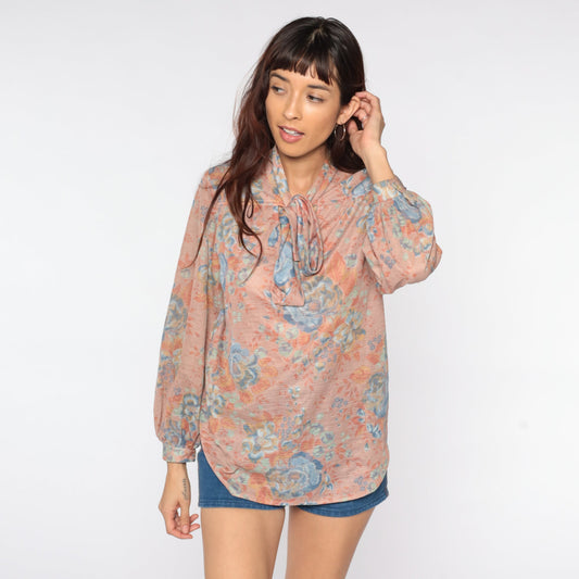 70s Floral Ascot Blouse Dusty Pink Blue Pullover Long Sleeve Medium