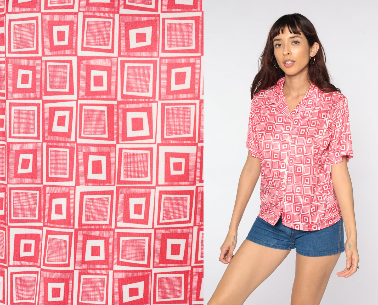 70s Geometric Print Button-Up Blouse Red White Psychedelic Collar Shirt Small
