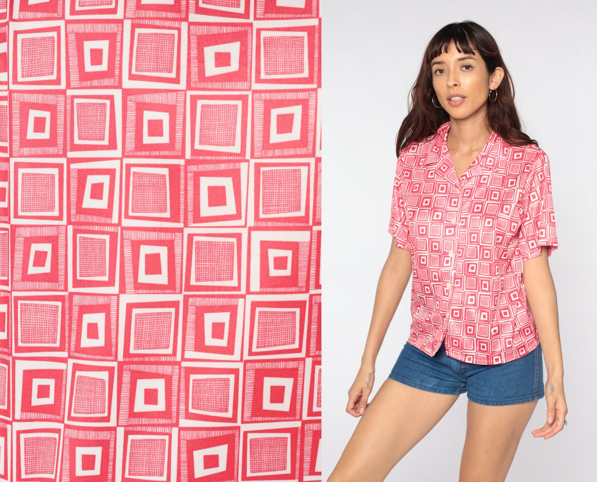 70s Geometric Print Button-Up Blouse Red White Psychedelic Collar Shirt Small