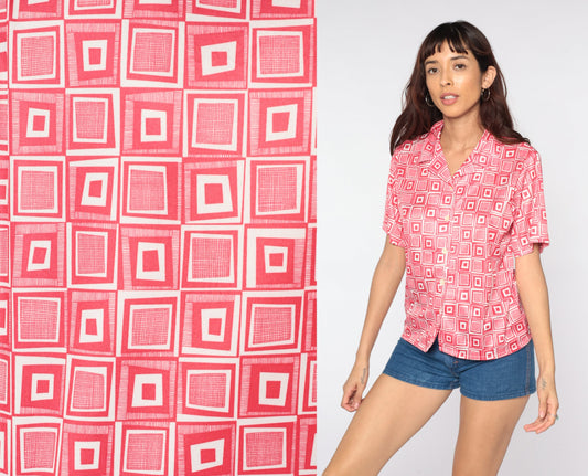 70s Geometric Print Button-Up Blouse Red White Psychedelic Collar Shirt Small