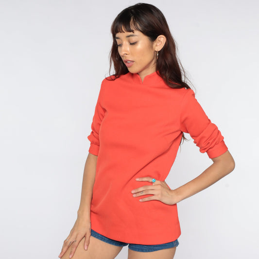 70s Mandarin Collar Shirt Orange Polyester Short Sleeve Blouse Extra Small XS