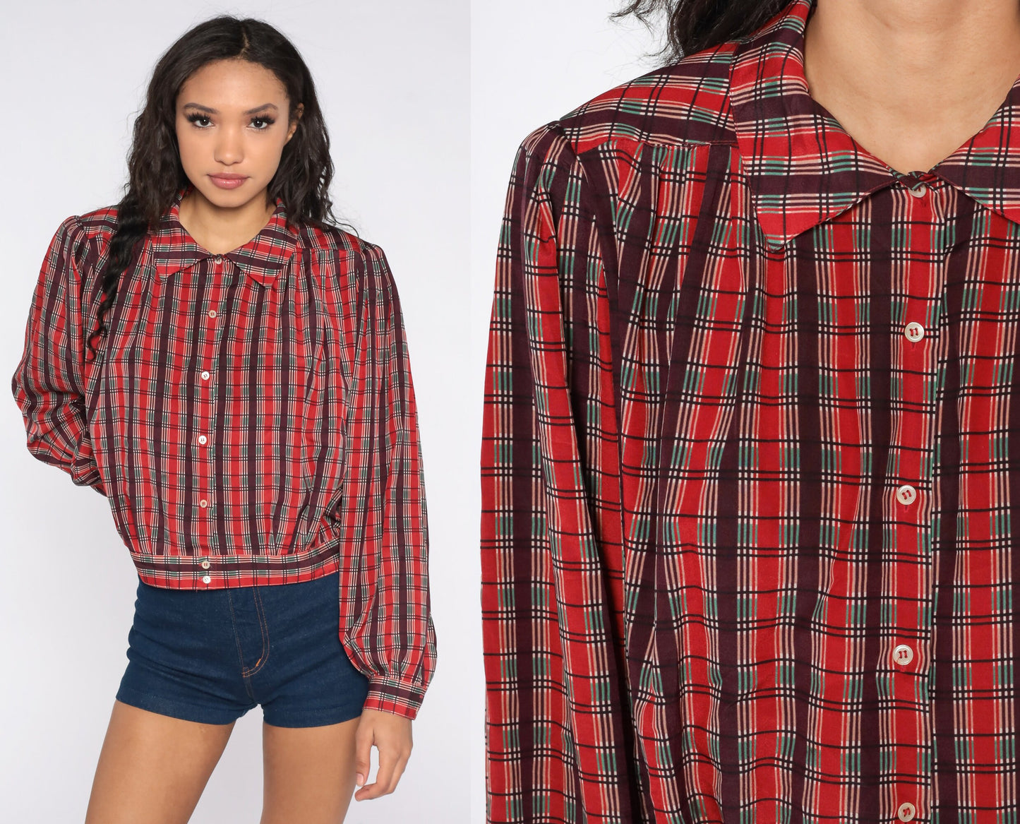 80s Liz Claiborne Plaid Blouse Puff Sleeve Button-Up Red Green Large