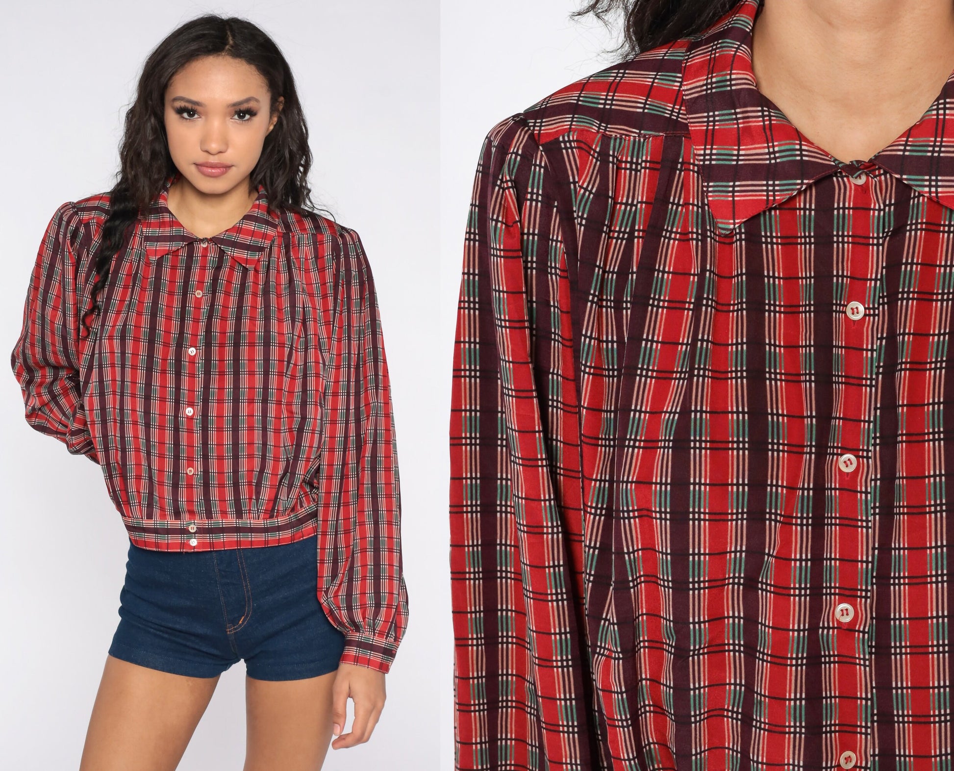 80s Liz Claiborne Plaid Blouse Puff Sleeve Button-Up Red Green Large