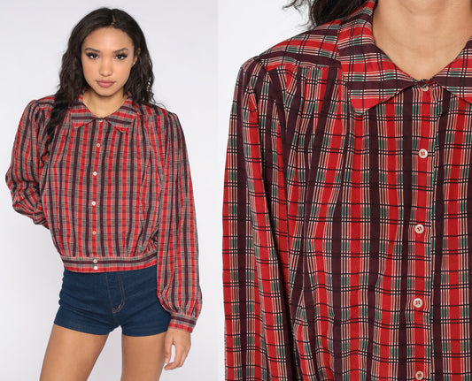 80s Liz Claiborne Plaid Blouse Puff Sleeve Button-Up Red Green Large