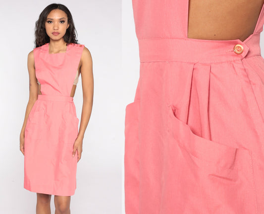 80s Pink Apron Jumper Dress Sleeveless High Waist Pockets Small