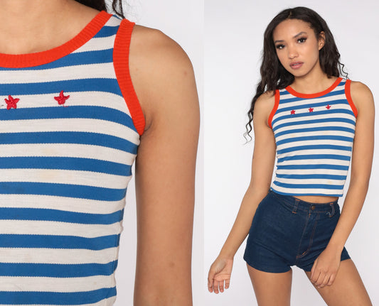 70s Starfish Tank Top White Blue Striped Ringer Tee XXS