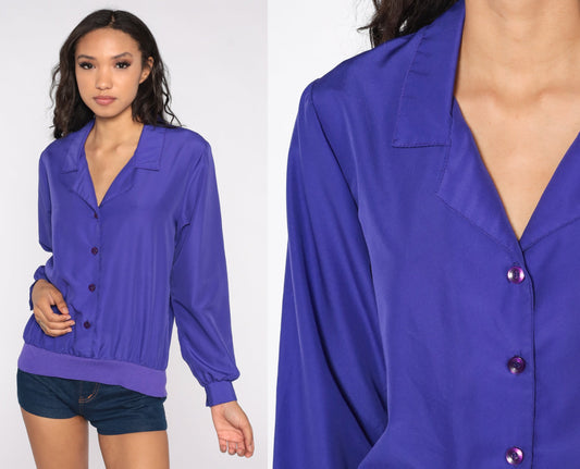 80s Purple Button-Up Blouse Long Sleeve Collared Shirt Medium
