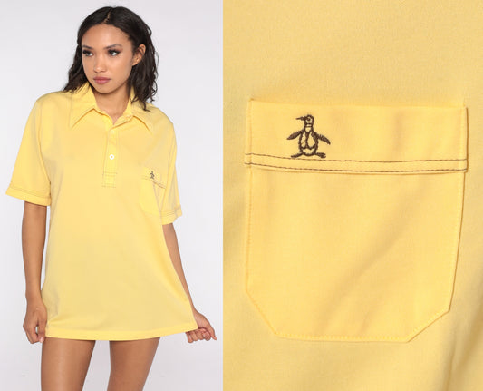 70s Munsingwear Penguin Polo Shirt Yellow Half-Button Collared Large
