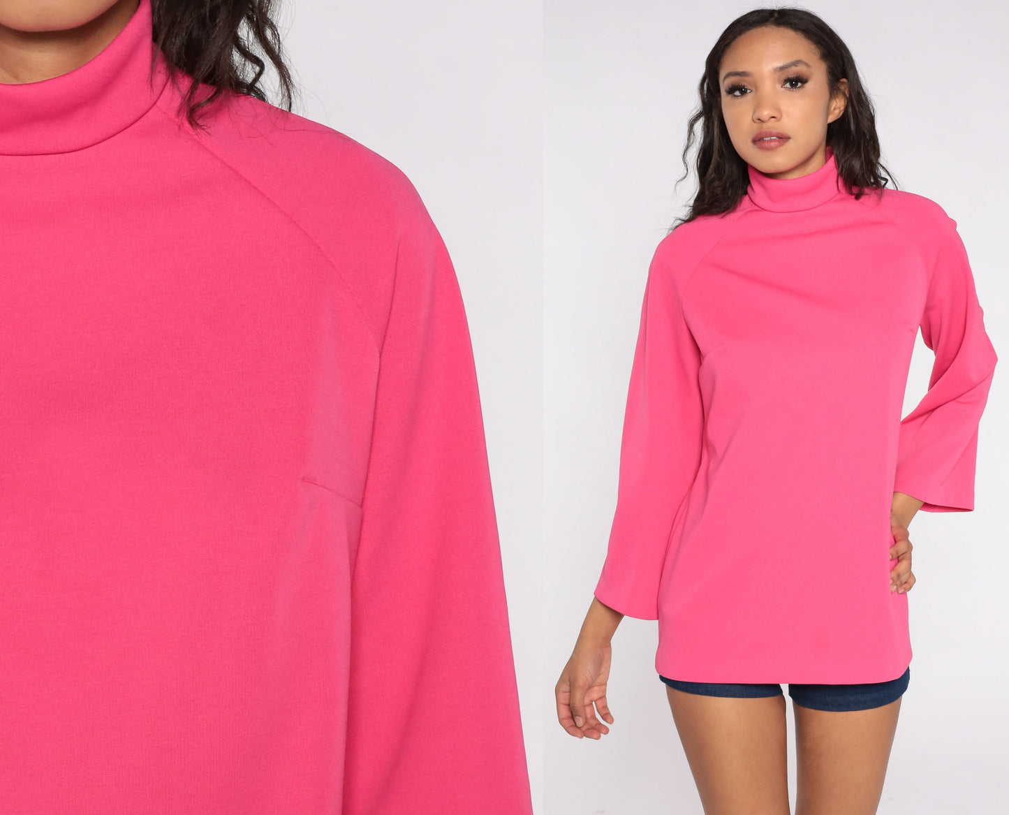 70s Bright Pink Turtleneck Blouse Raglan Sleeve Zip Back Medium