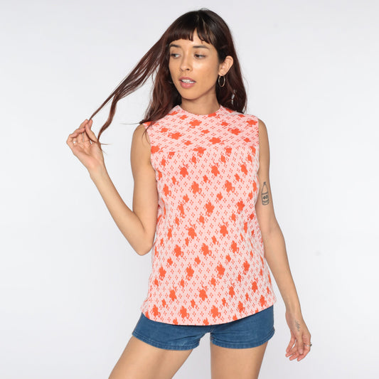 70s Orange Floral Abstract Tank Top Sleeveless Blouse Small