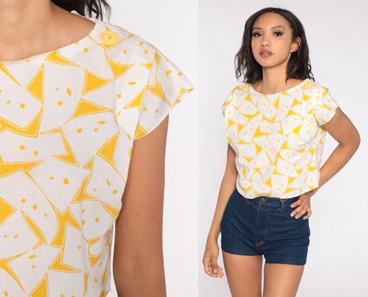 80s Geometric Crop Top White Yellow Abstract Print Cap Sleeve Small