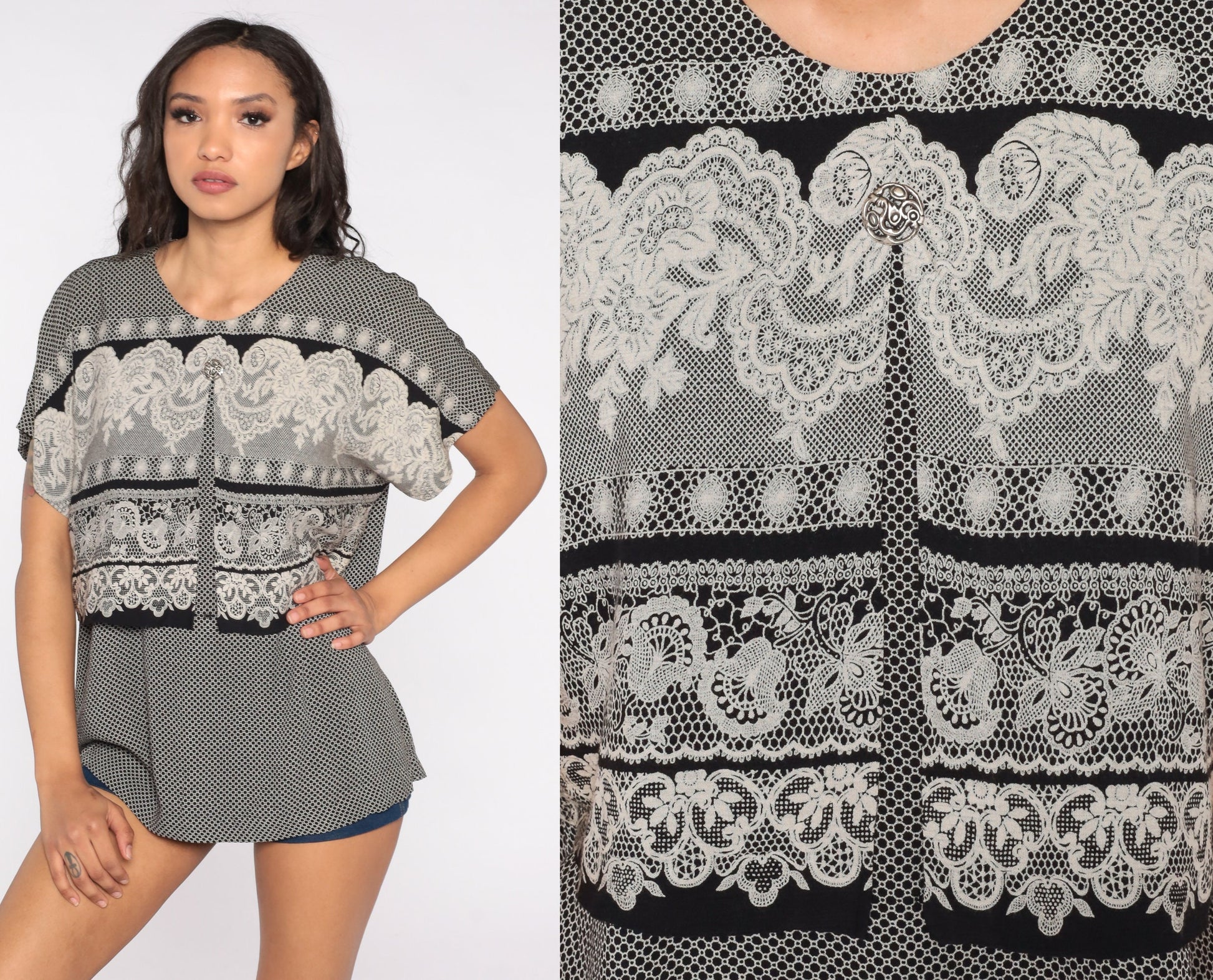 90s Grey Lace Print Floral Blouse Patterned Shirt Medium