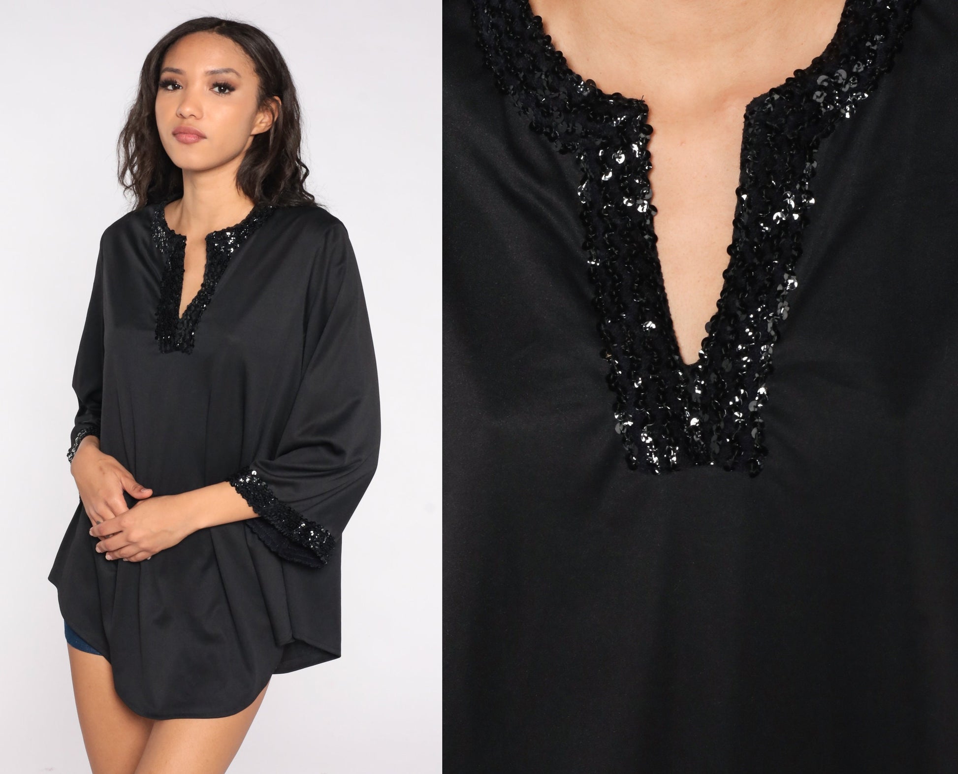 70s Black Sequin Blouse V-Neck Slit Long Sleeve Disco Party Top Medium Large