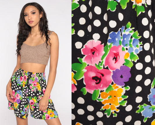 90s Floral Polka Dot High-Waisted Rayon Shorts Black White Small Medium