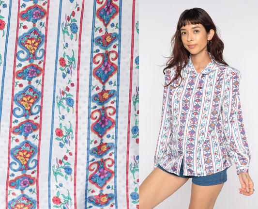 80s White Embossed Floral Button-Up Blouse Long Sleeve Extra Large XL