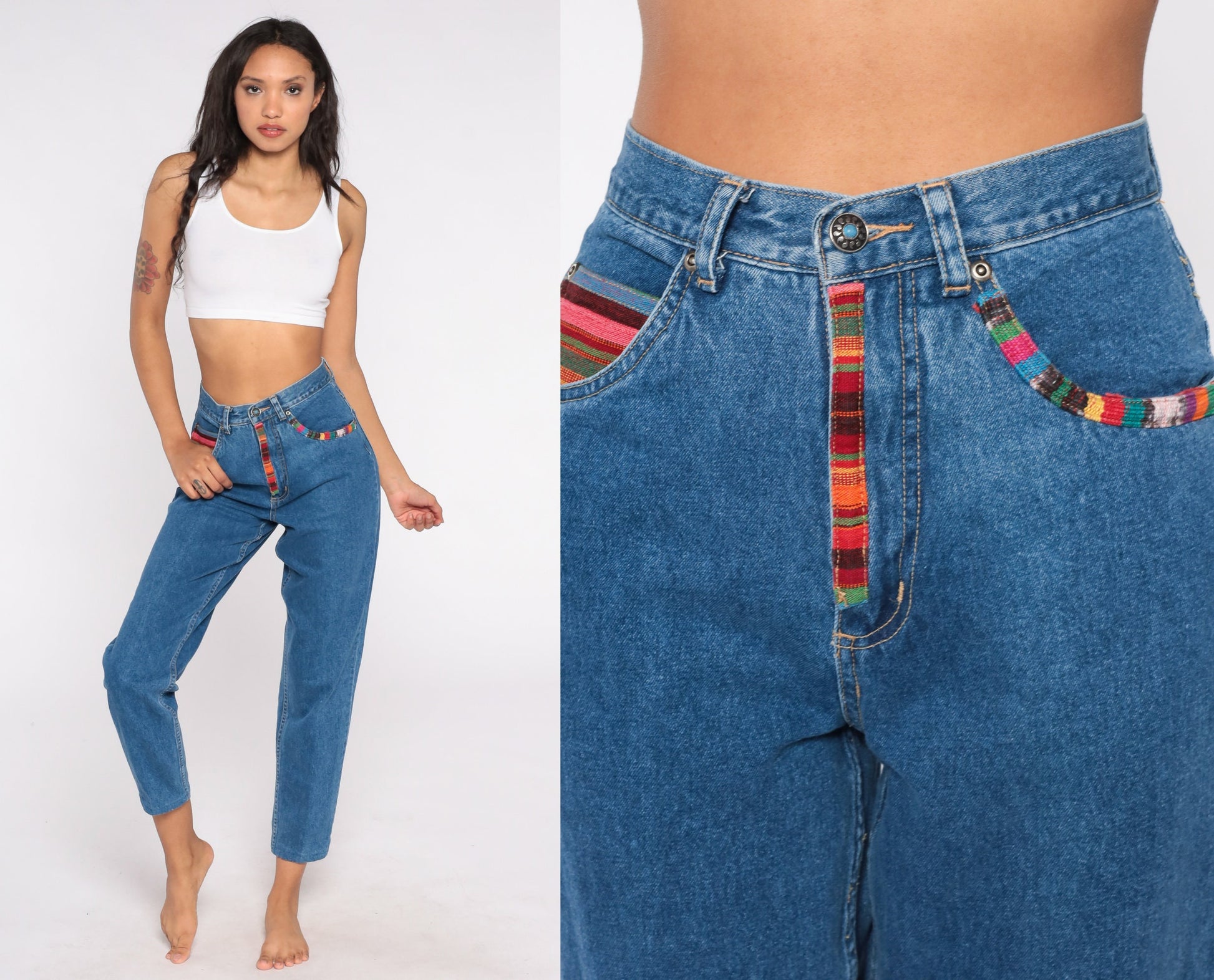 90s Southwestern High Waist Tapered Mom Jeans Blue Denim Small 4