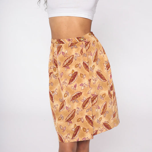 80s Leaf Print Pencil Skirt High Waist Mini Tan Brown Small
