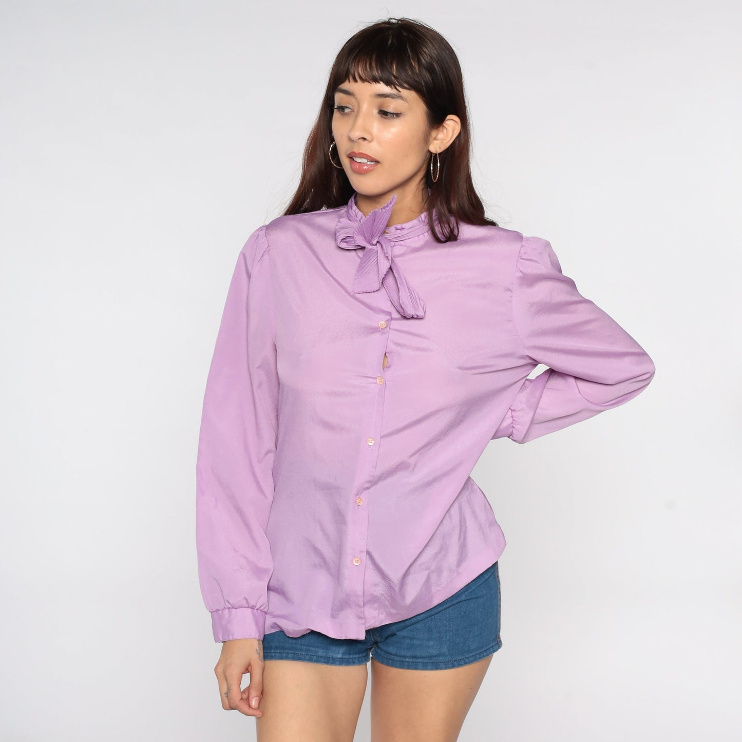 80s Purple Necktie Blouse Puff Sleeve Button Up Ruffle Collar Medium