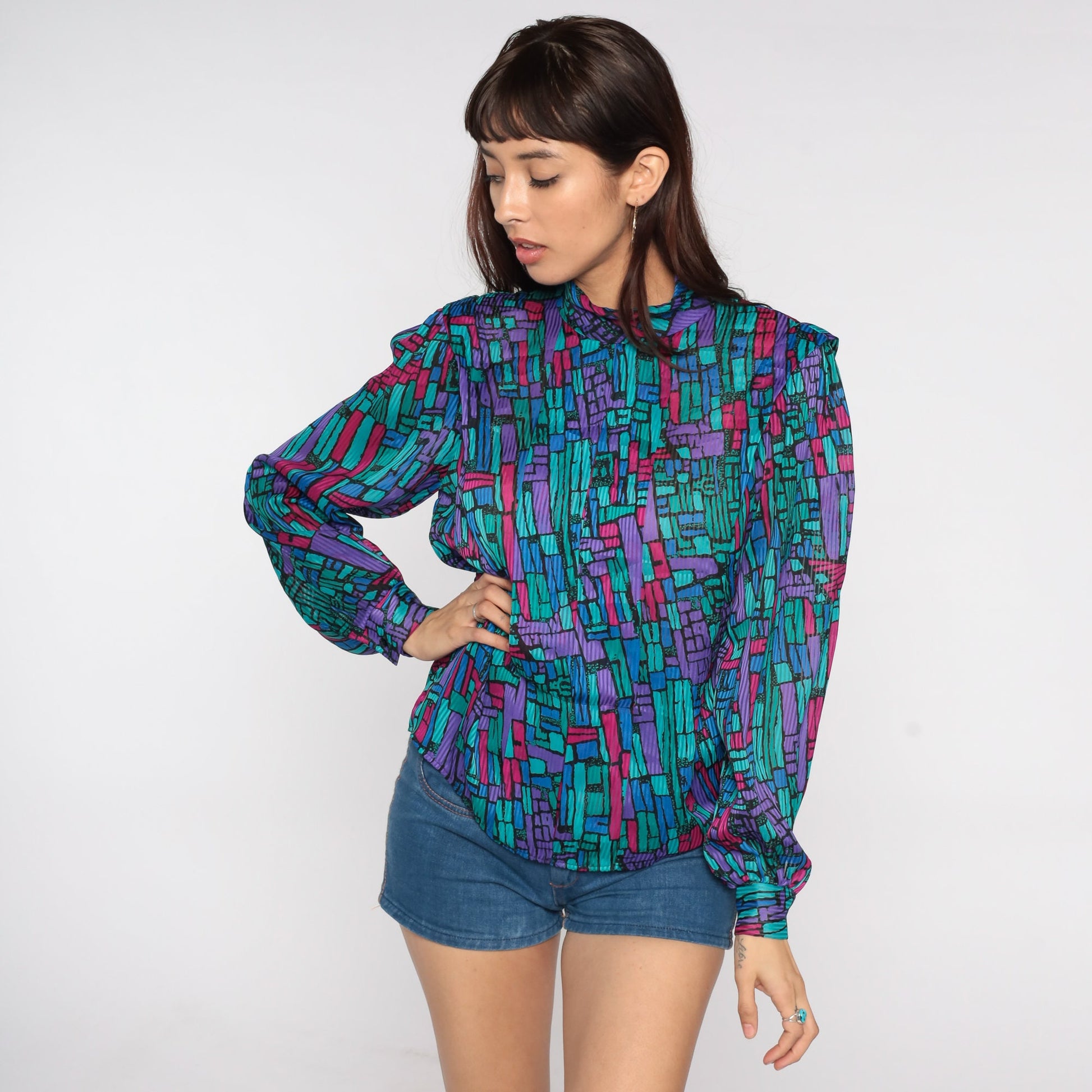 80s Geometric Mock Neck Blouse Long Sleeve Statement Top Medium