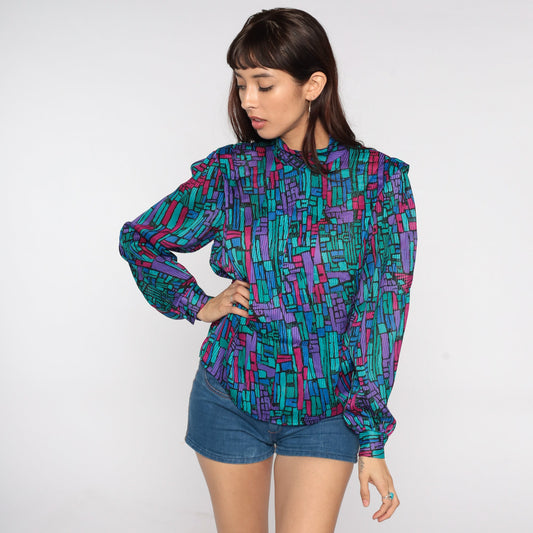 80s Geometric Mock Neck Blouse Long Sleeve Statement Top Medium