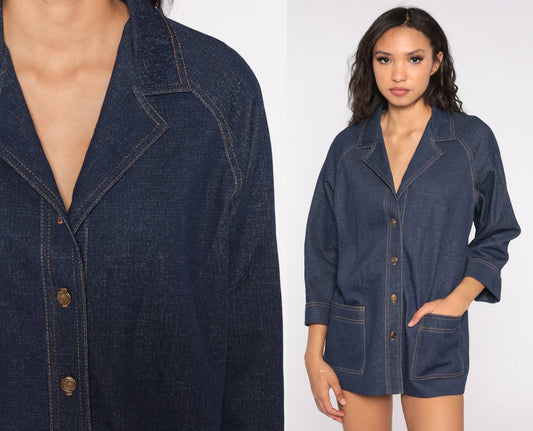 70s Dark Blue Denim-Look Jacket Button Up Raglan Sleeve Medium Large
