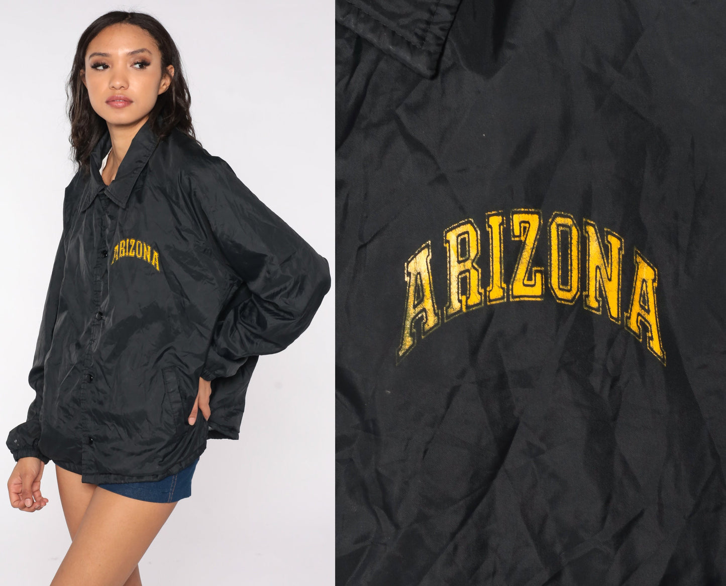 80s Chalk Line Arizona Windbreaker Jacket Black Nylon Snap Closure Large L