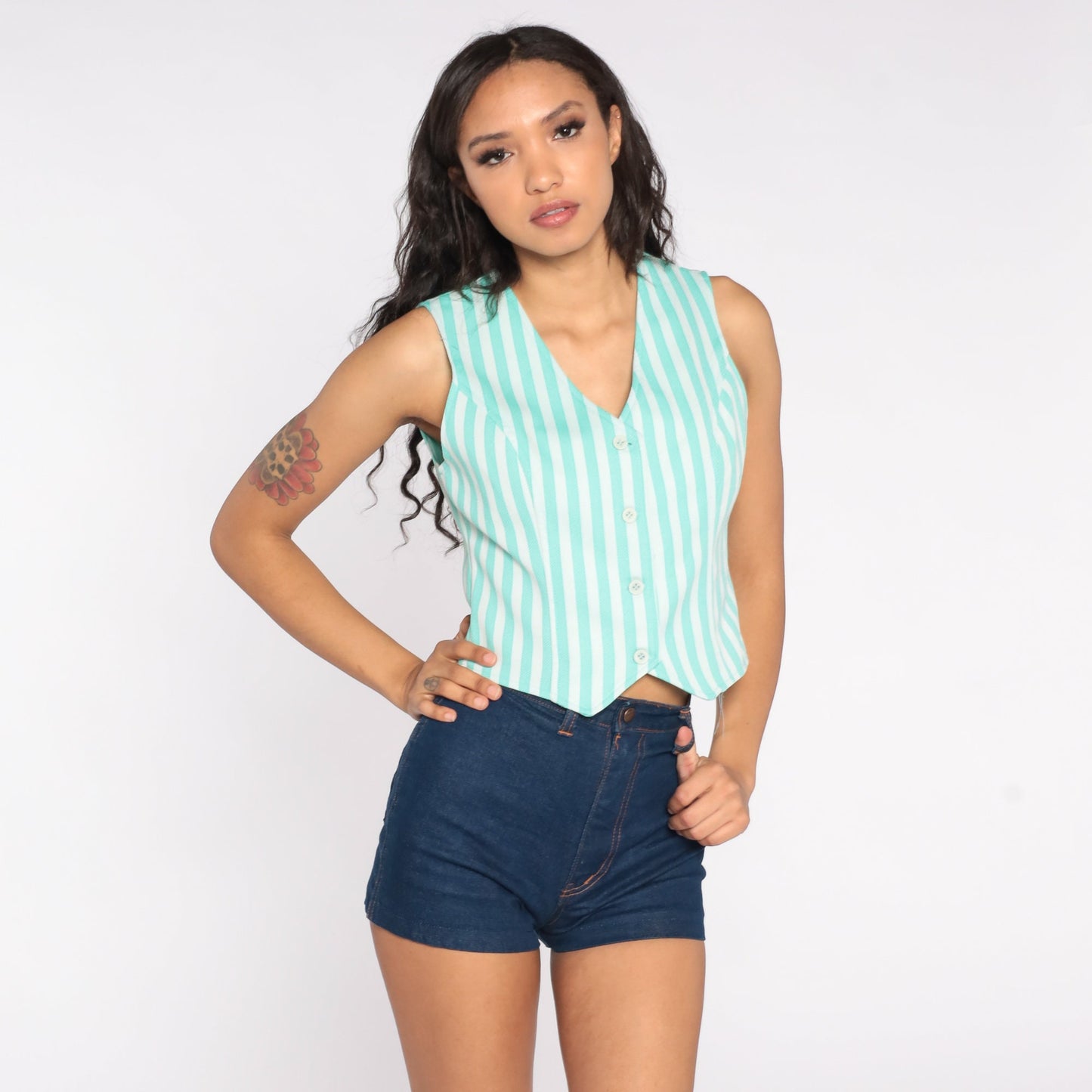70s Green Striped Vest Button-Up Tank Small