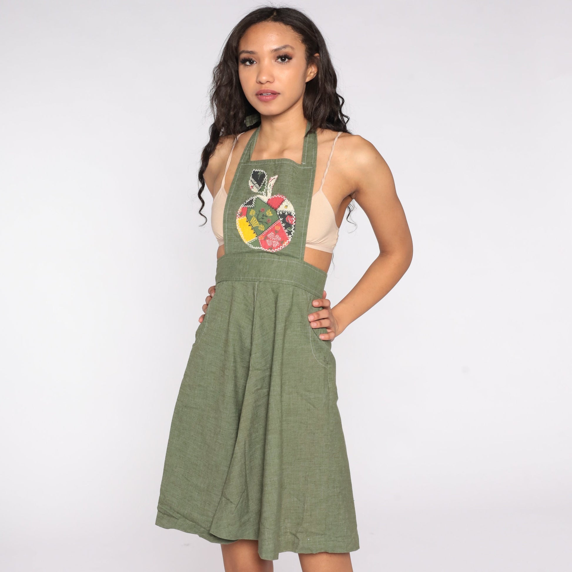 70s Green Patchwork Apple Halter Apron Dress Cotton Extra Small