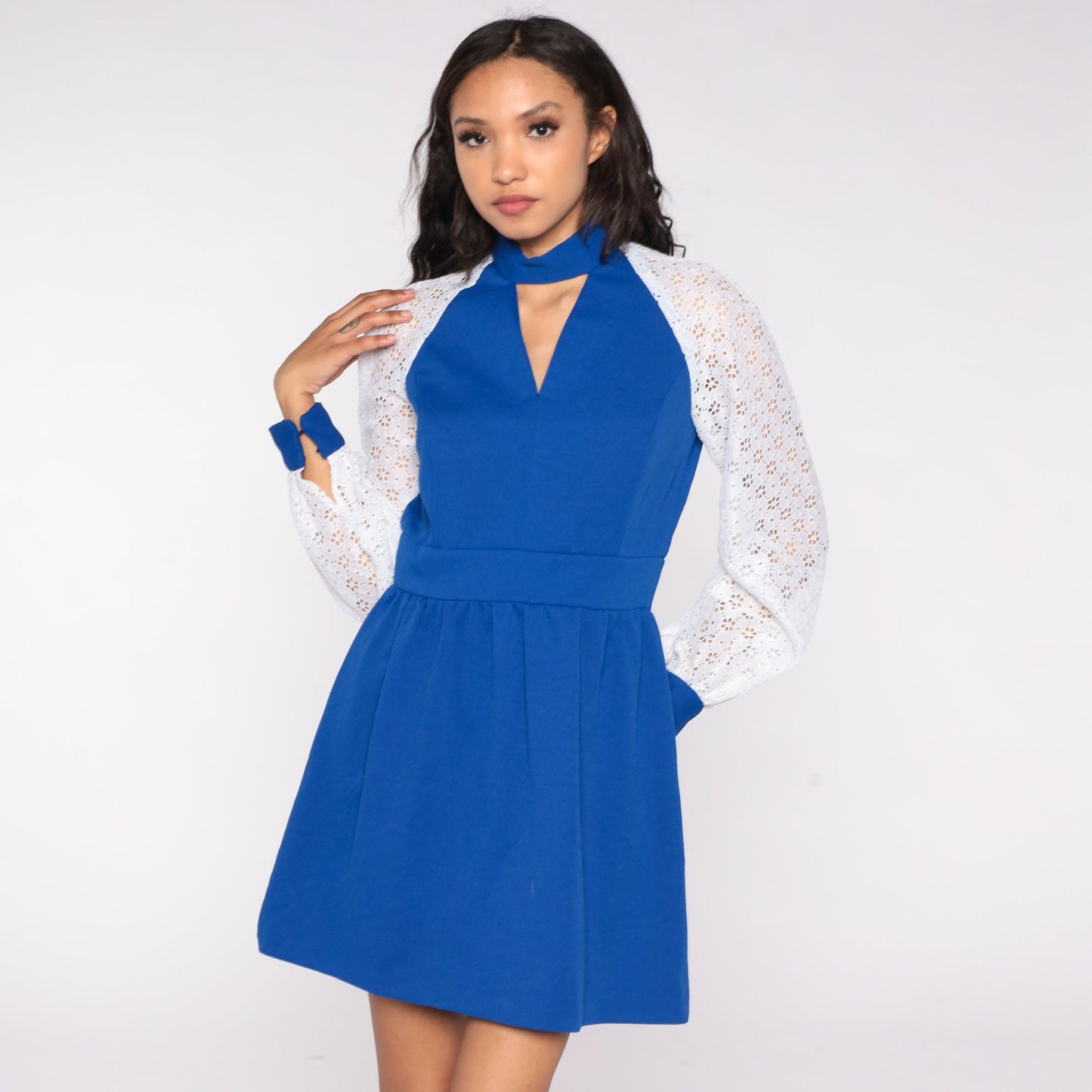70s Blue Mini Dress Choker Collar Puff Sleeve High Waist Lace Floral Small