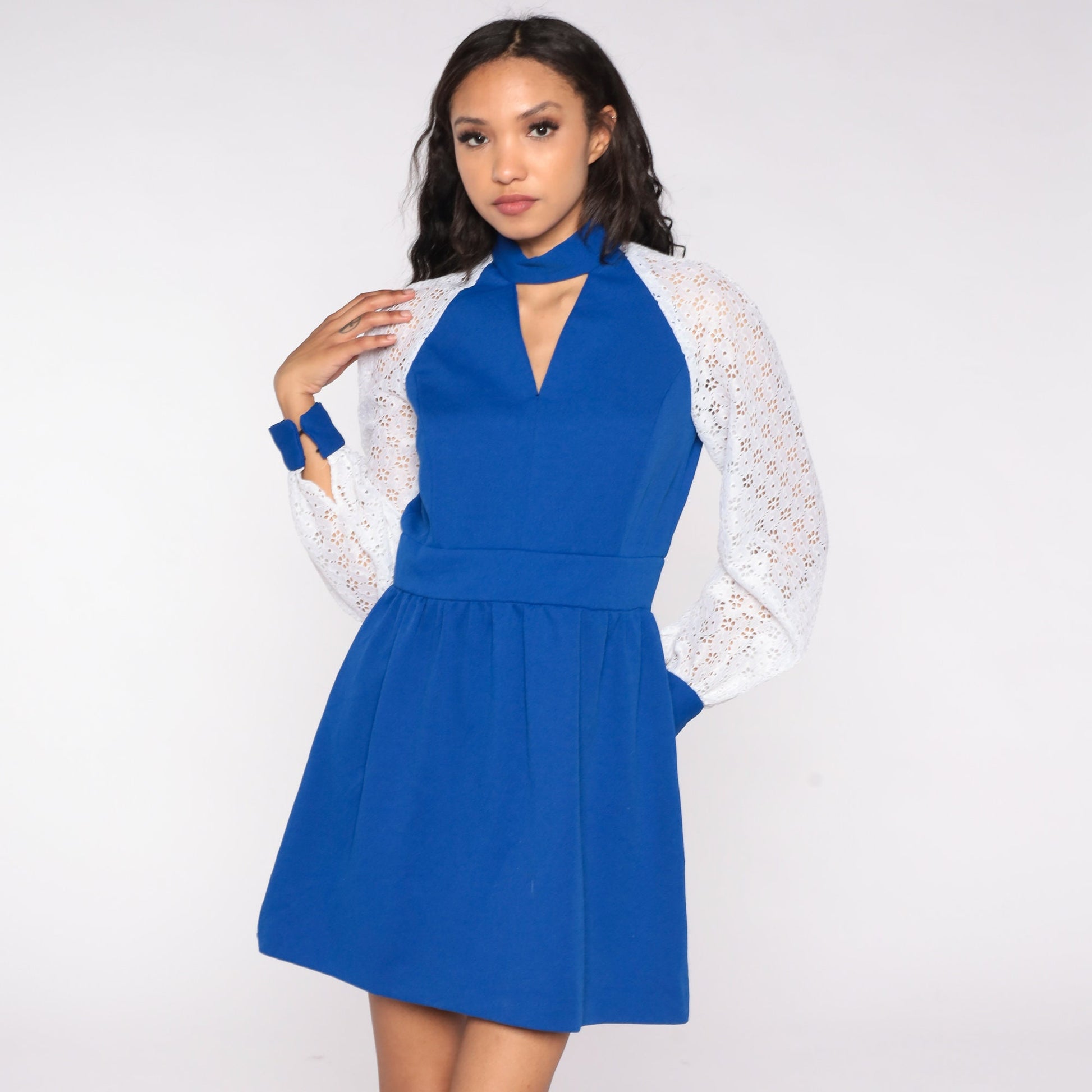 70s Blue Mini Dress Choker Collar Puff Sleeve High Waist Lace Floral Small