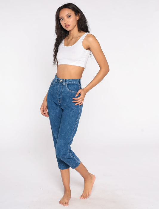 80s Bonjour High-Waist Cropped Ankle Jeans Blue Denim Extra Small XS