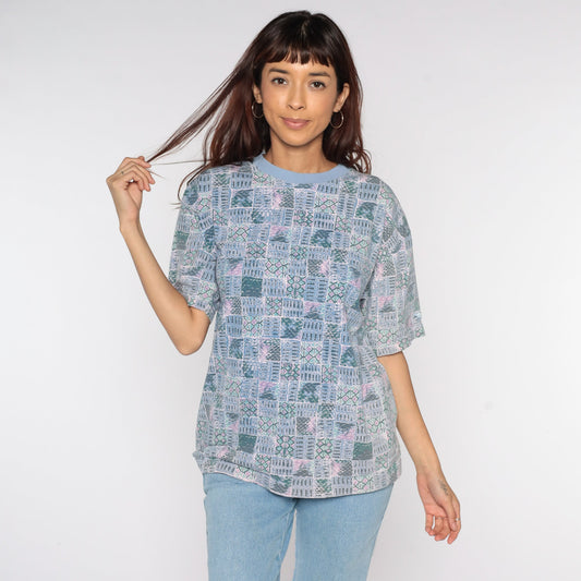 90s Dockers Geometric Patchwork T-Shirt Blue Striped Print Medium M